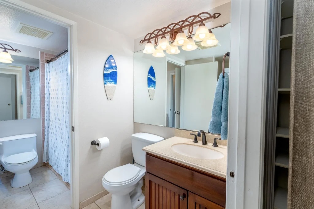 Bathroom inside updated two-bedroom Kihei Villages condo at 140 Uwapo Rd 26-103