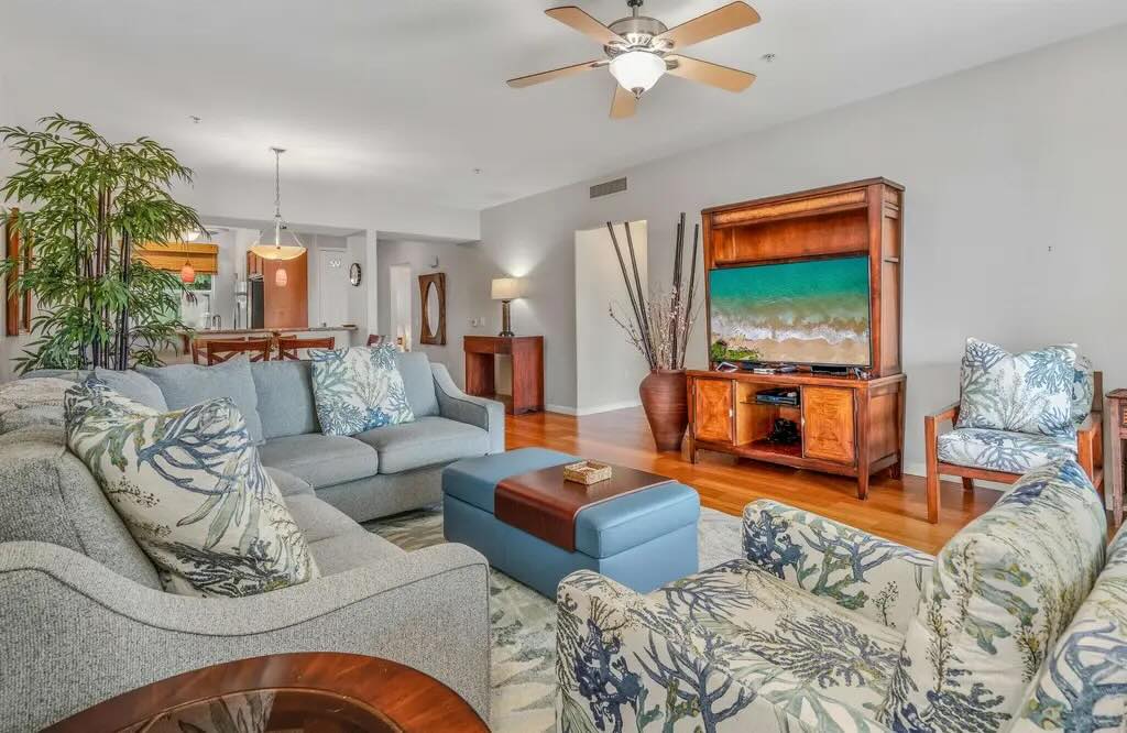 Furnished living room inside Ke Alii Ocean Villas K-202 in South Kihei