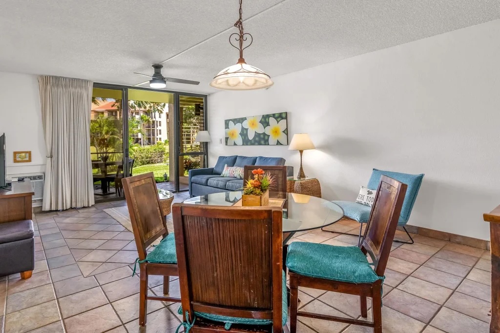 Covered lanai and garden view at Kamaole Sands 7-108 in Kihei Maui