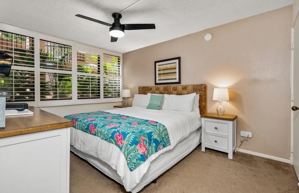 Furnished bedroom inside Kamaole Sands condo Unit 7-108 in South Kihei