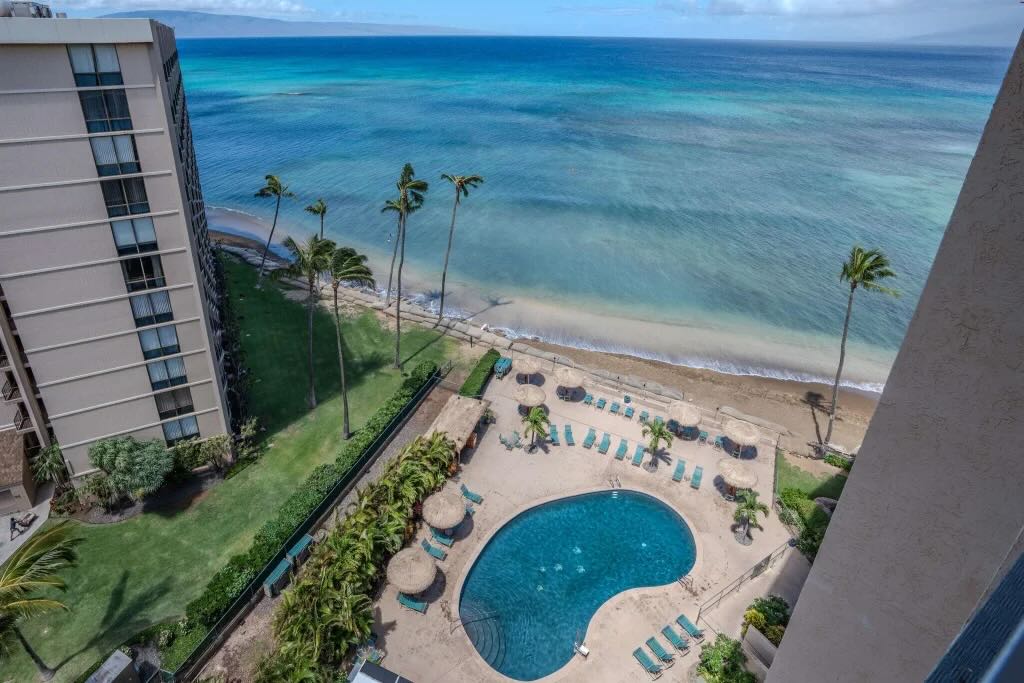 In-ground swimming pool and oceanfront grounds at Royal Kahana in West Maui